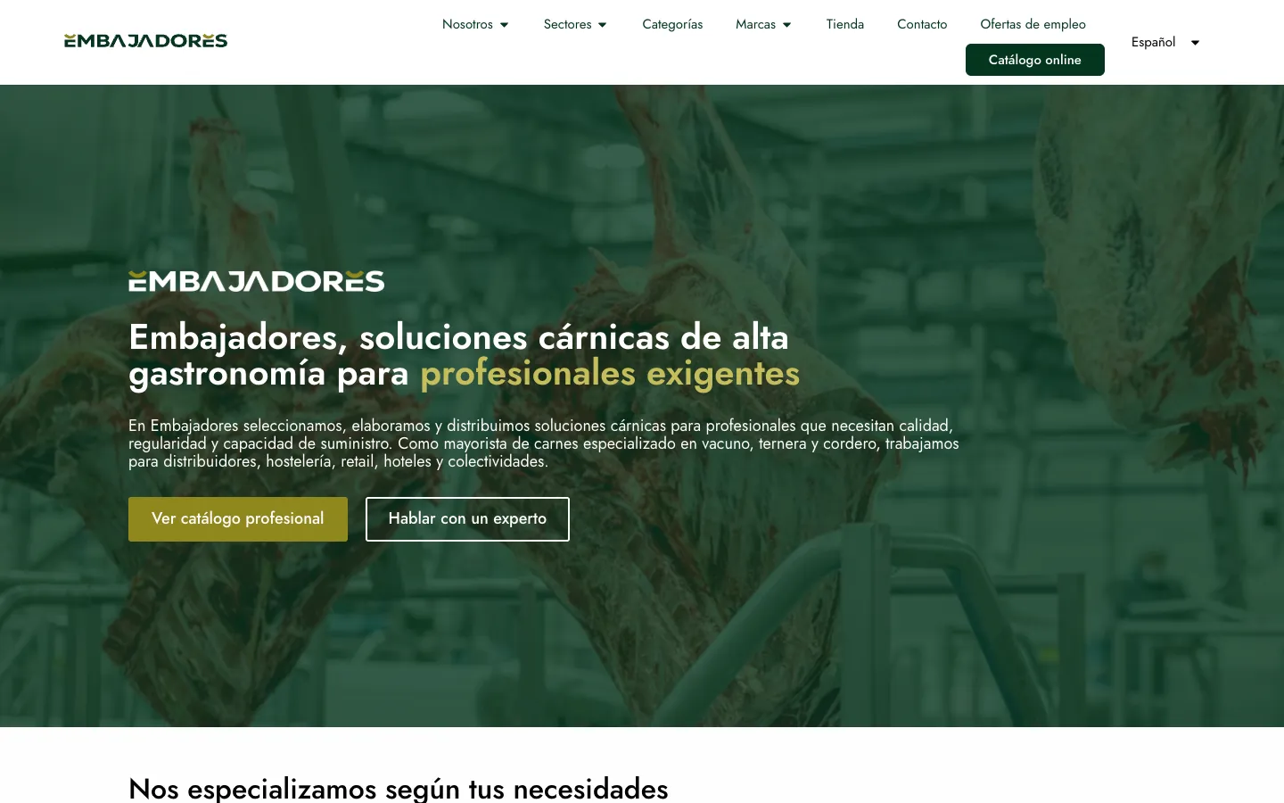 Portada de la web de Grupo Embajadores, mayorista de carnes