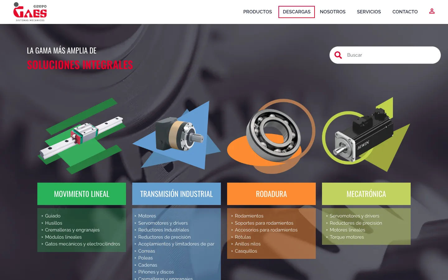 Portada de la web de Grupo Gaes con su catálogo de rodamientos y transmisión