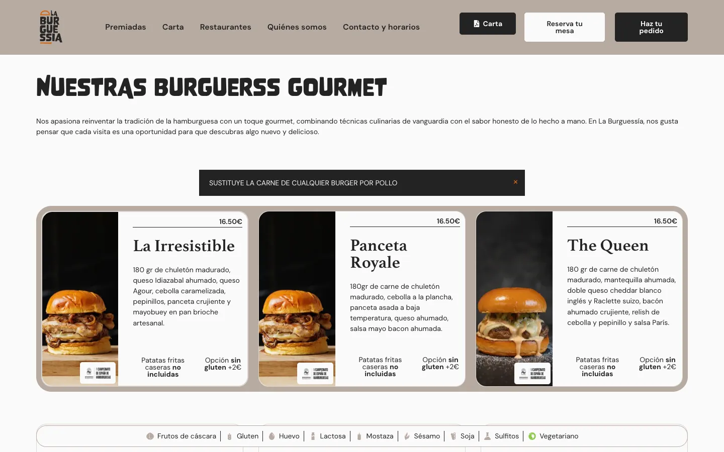 Carta de hamburguesas gourmet en la web de La Burguessía